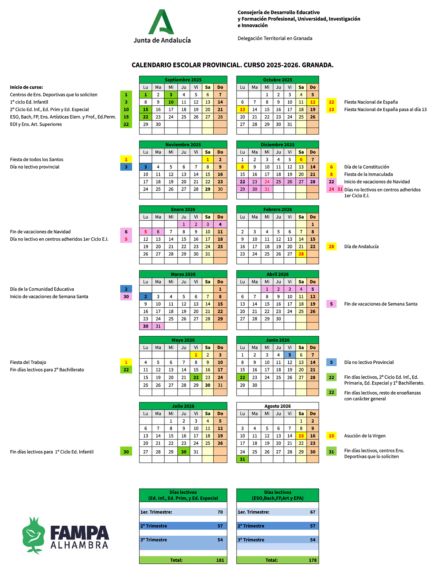 Calendario escolar 2025-2026 en Granada